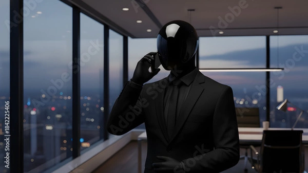 Fototapeta Mysterious businessman in black suit and helmet talking on phone in modern office with city skyline view at dusk.