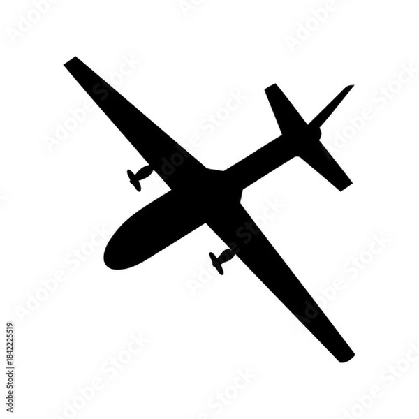 Fototapeta Silhouette of a twin engine propeller airplane flying on a white background