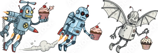 Fototapeta Flying Robot Carrying a Cupcake Vector Illustration - Technology, Delivery Service, Automation, and Food Concept