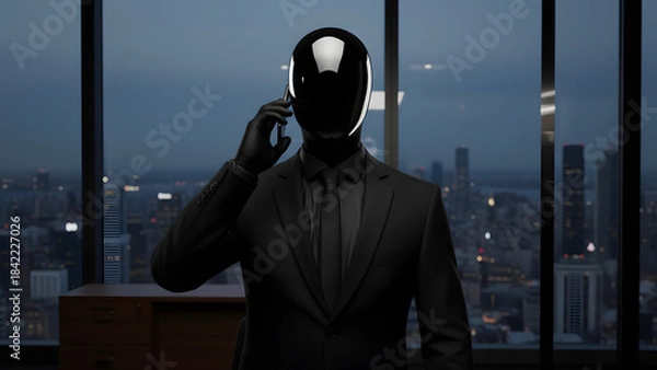 Fototapeta Mysterious masked businessman in suit talking on phone with cityscape at dusk in the background, corporate espionage concept.