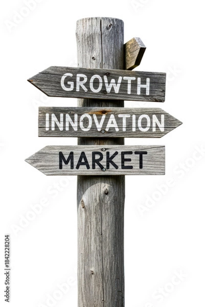 Fototapeta Wooden signpost with growth innovation and market direction arrows isolated on a transparent background