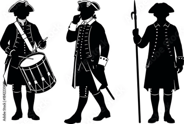 Obraz Silhouetted Revolutionary War Soldiers with Drum, Sword, and Spear in Historic Military Uniforms and Tricorn Hats on White Background
