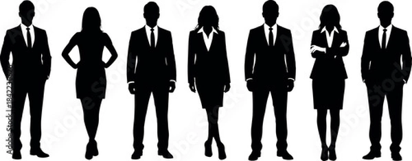 Obraz Silhouettes of Business Professionals in Formal Attire Standing Together Representing Corporate Teamwork, Diversity, Leadership, Unity, and Professional Workplace Culture