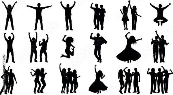 Obraz Silhouettes of people dancing, jumping, celebrating, and interacting in joyful poses for party, festival, event, and lifestyle themes.