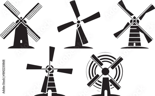 Fototapeta Various wind powered generators and classic windmills