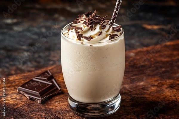 Fototapeta Indulgent milkshake with rich whipped cream and chocolate shavings served with a straw for a delightful treat experience.