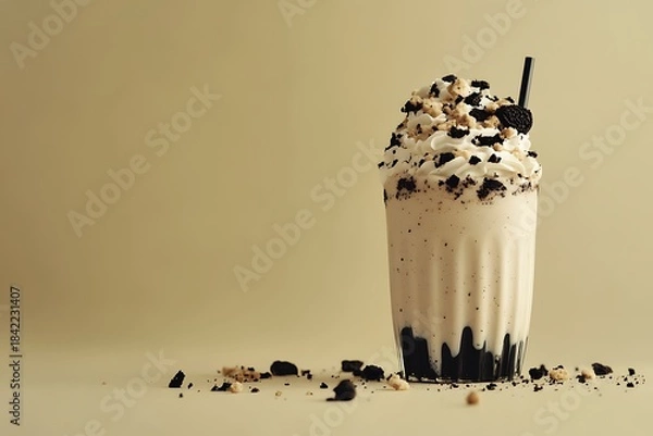 Fototapeta Indulging in a rich and creamy Oreo biscuit shake topped with delightful crumbles against a soothing beige backdrop.