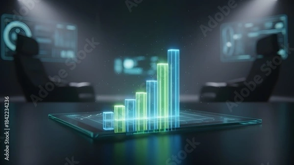 Obraz A futuristic 3d bar graph on a tablet screen in a dark room with neon lights and blurry screens in the background