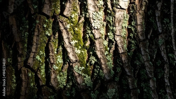 Obraz Moss covered tree trunks in a dark forest with sunlight filtering through the dense foliage and highlighting the textures of the bark