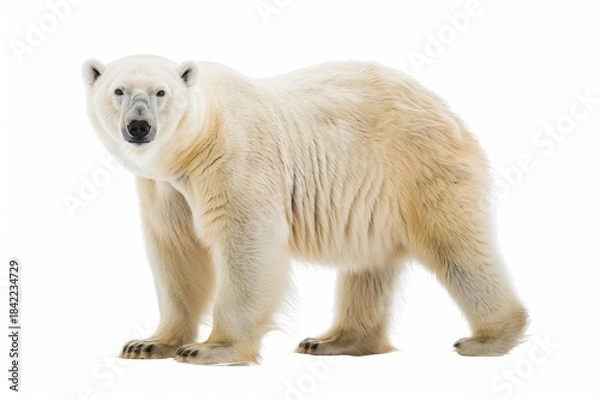 Fototapeta A majestic polar bear confidently stands on its hind legs against a bright white background, highlighting its muscular build and unique fur markings. Perfect for conveying strength and resilience.