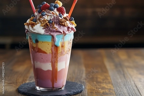 Fototapeta Innovative dairy shake trends blending colors, textures, and toppings for quick service restaurants targeting generation alpha and beta consumers.