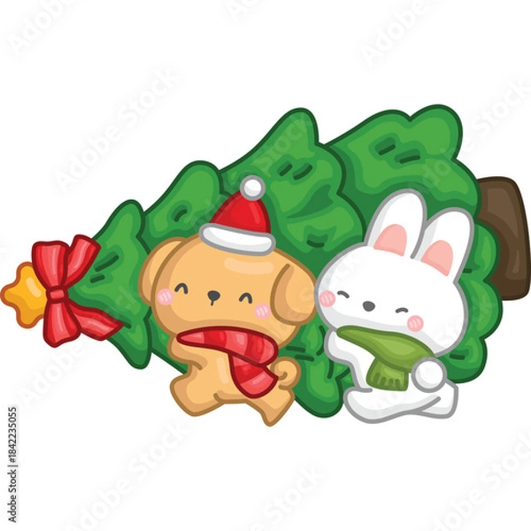 Obraz a vector of a rabbit and dog carrying a Christmas tree