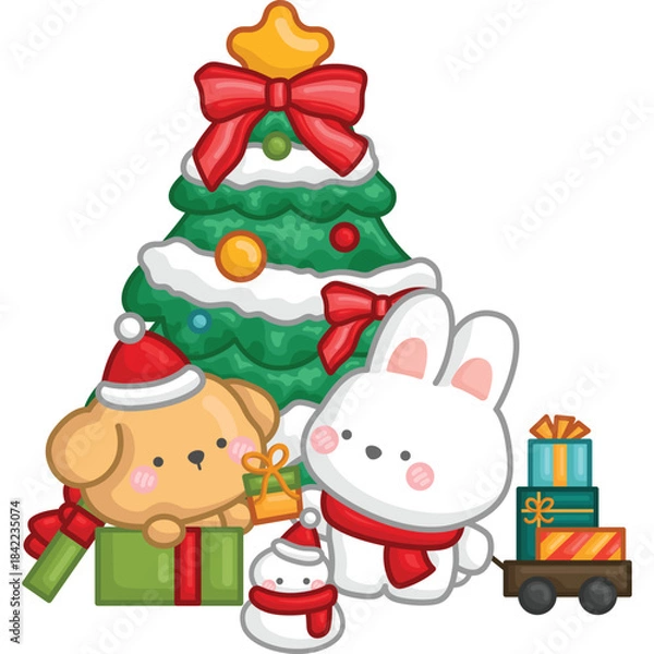 Obraz a vector of a rabbit and dog with Christmas tree and present
