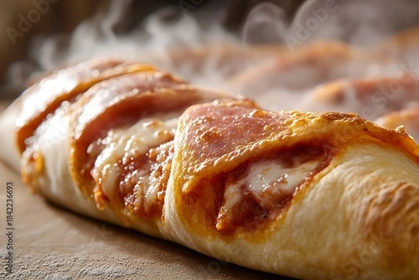Fototapeta Pepperoni and cheese calzone with a close-up focus on the texture and steam, set against an isolated, pure background for studio lighting.