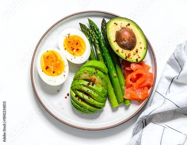 Fototapeta High Protein Savory Breakfast Flat Lay with Soft Boiled Eggs Smoked Salmon and Avocado