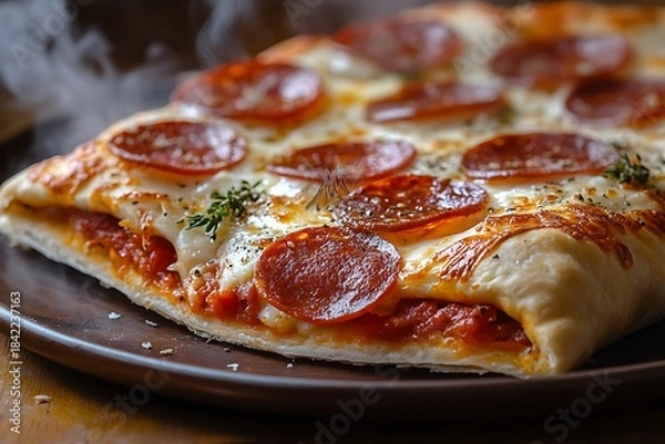 Fototapeta Pepperoni and cheese calzone with a close-up focus on the texture and steam, set against an isolated, pure background for studio lighting.