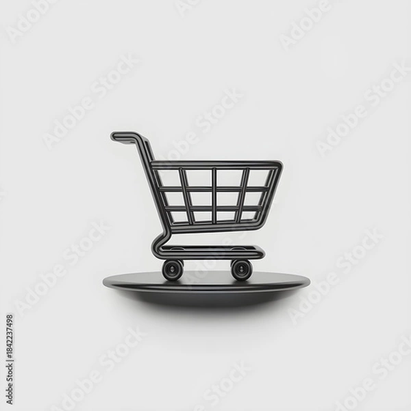 Fototapeta Minimalistic black and white 3D shopping cart icon isolated clean modern style high resolution design