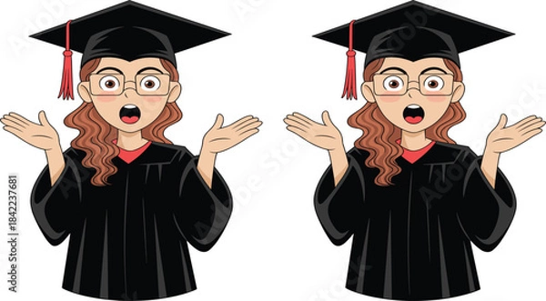 Fototapeta Surprised female graduate student characters vector illustration set, wearing academic gown and cap, expression of shock or excitement for educational achievement and success
