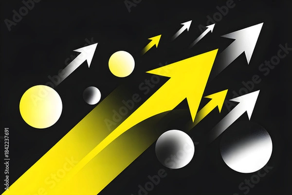 Fototapeta Abstract geometric composition with black background large yellow arrows circles scattered white accents high resolution