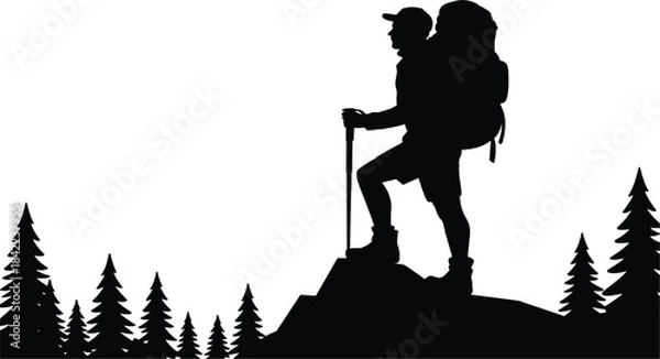 Fototapeta Black silhouette of a hiker with a large backpack and hiking pole standing on a mountain peak, surrounded by pine trees, adventure and trekking concept vector