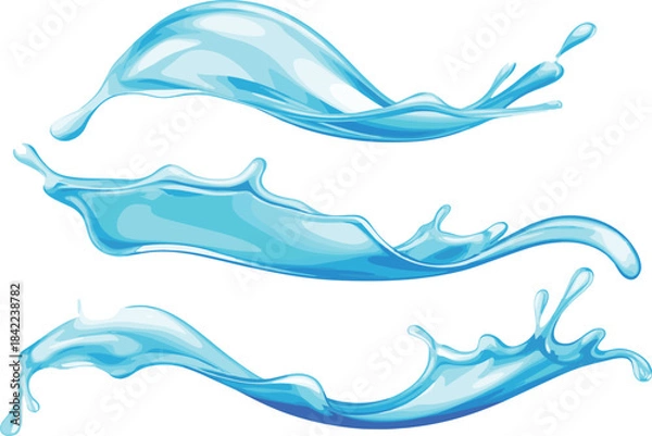 Fototapeta Blue water splashes vector illustration set, dynamic waves and droplets with transparent fresh liquid, perfect for purity and drink advertising