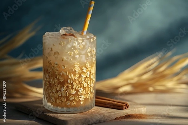 Fototapeta Refreshing oat drink served over ice with a hint of cinnamon and a playful straw perfect for sunny afternoons.