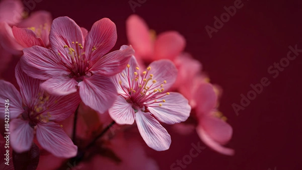 Fototapeta Vibrant Pink Cherry Blossoms in Full Bloom Against a Deep Red Background with Copy Space