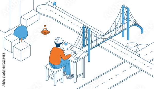 Fototapeta Isometric engineer working on bridge construction project plans at a desk, wearing safety helmet, civil ngineering, architecture, and transportation infrastructure vector illustration