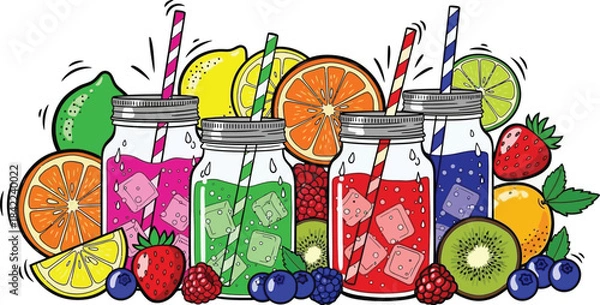 Fototapeta Colorful Fruit Juices and Refreshing Drinks Surrounded by Fresh Produce	