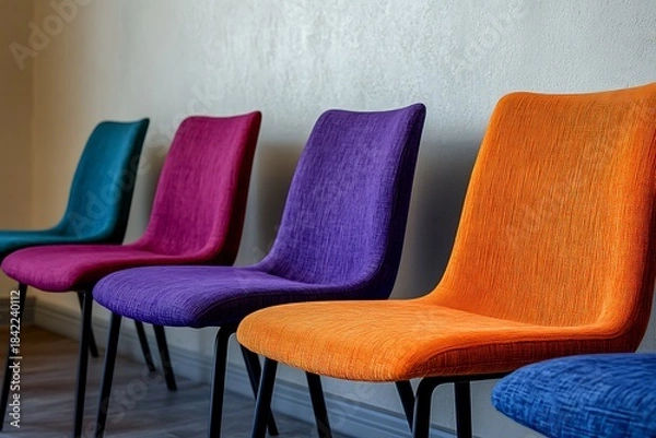 Fototapeta Row of colorful chairs with varied textures and styles against a simple wall, close-up with rich colors and ample space for banner text.