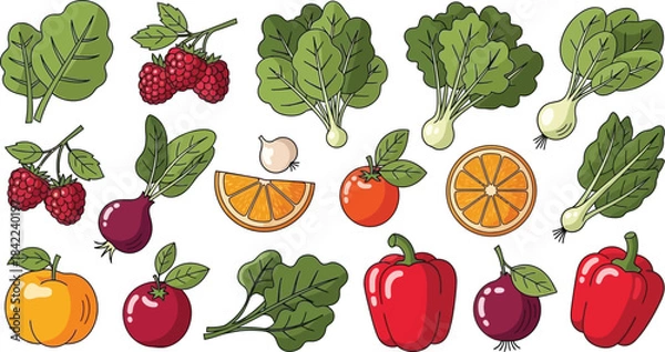 Fototapeta Set of Fresh Vegetables and Fruits Vector Illustration for Healthy Diet