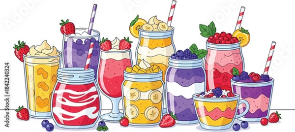 Fototapeta Set of Colorful Fruit Smoothies and Milkshakes in Jars and Glasses with Fresh Berries Vector Illustration