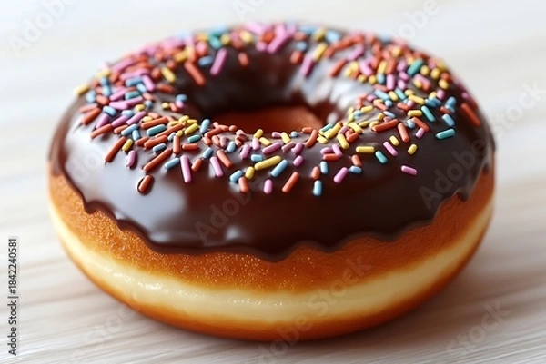 Fototapeta Stylized chocolate-covered donut with glossy glaze and colorful sprinkles creates a charming toy-like confectionery delight.