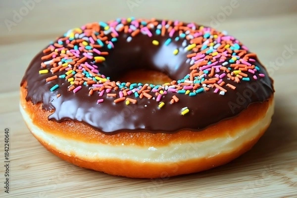 Fototapeta Stylized chocolate-covered donut with glossy glaze and colorful sprinkles creates a charming toy-like confectionery delight.