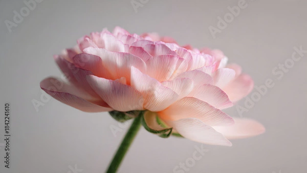 Fototapeta Delicate Pink Ranunculus Flower in Full Bloom Against Soft Gray Background