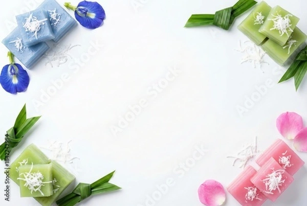 Obraz Thai dessert Khanom Chan flat lay frame of colorful layer cakes with butterfly pea flowers and pandan leaves on white background with copy space for menu design.