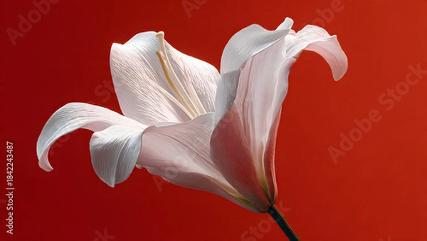 Fototapeta Close-up of a beautiful white lily flower against a vibrant red background, showcasing its delicate petals and stamen.