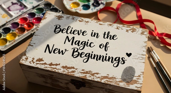 Obraz Rustic wooden box distressed with white paint featuring inspiring quote about magic and new beginnings surrounded by art supplies