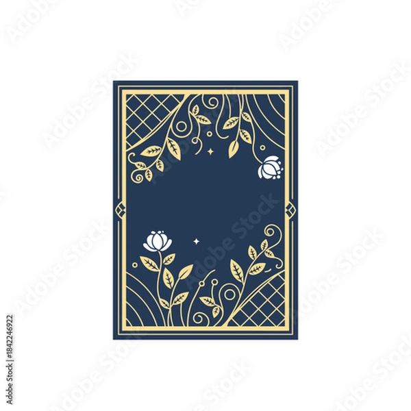 Obraz Luxury Ornate Floral Border with Gold Line Art on Navy Blue  Decorative Vintage Pattern Design