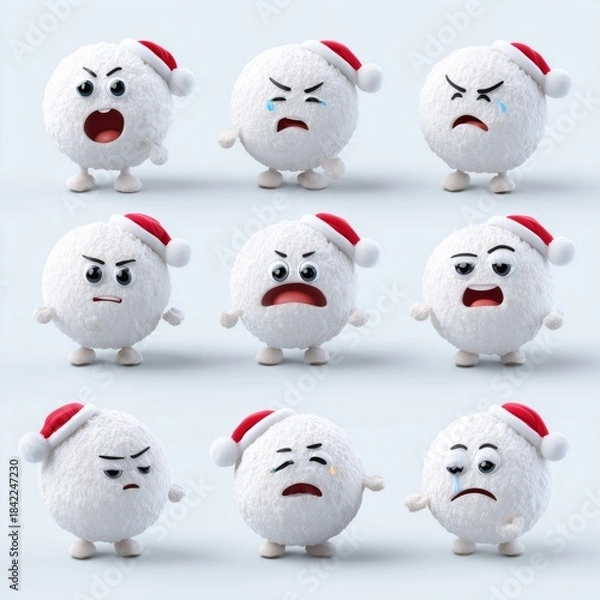 Obraz Cute Christmas snowball character emoji set with glossy candy texture and Santa hat, various expressions for holiday stickers
