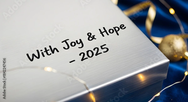 Obraz New year 2025 message on a silver gift box decorated with festive lights and ribbon