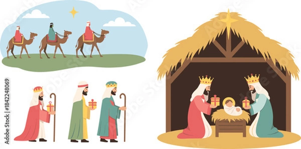 Obraz Nativity scene with three wise men and stable