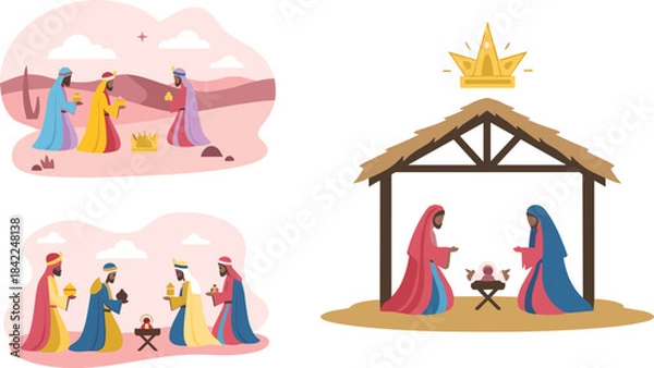 Obraz Christmas nativity scene with three wise men and stable illustration