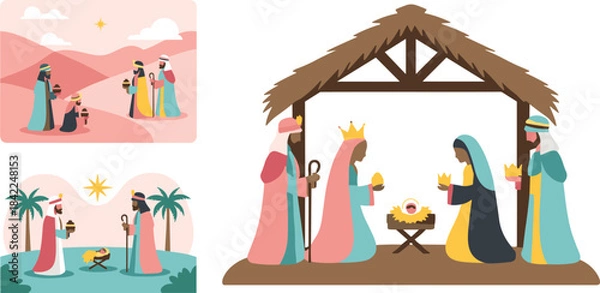 Obraz Christmas nativity scene with three wise men and stable illustration