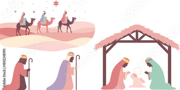 Obraz Nativity scene with the three wise men and stable illustration