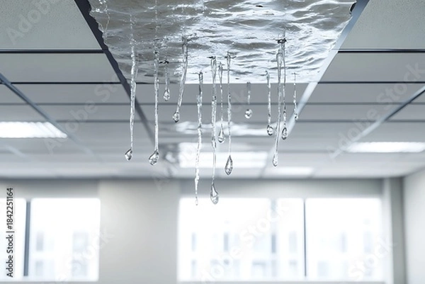 Fototapeta Water dripping from ceiling tiles in an office after a flood.