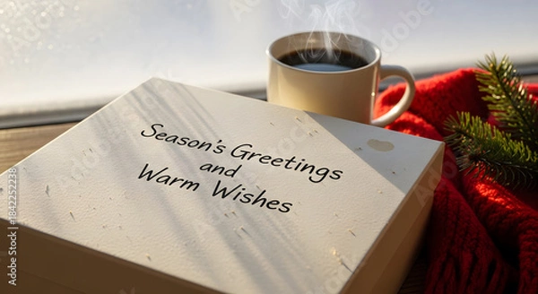 Obraz Season's greetings and warm wishes written on a gift box beside a steaming coffee mug