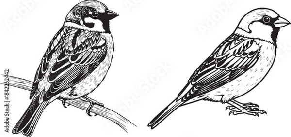 Fototapeta Detailed line art of a sparrow perched on a branch, Sparrow Bird Vector Illustration – Detailed Hand-Drawn Line Art.