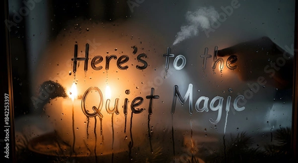 Obraz Here's to the quiet magic written on condensation covered glass illuminated by flickering candle light
