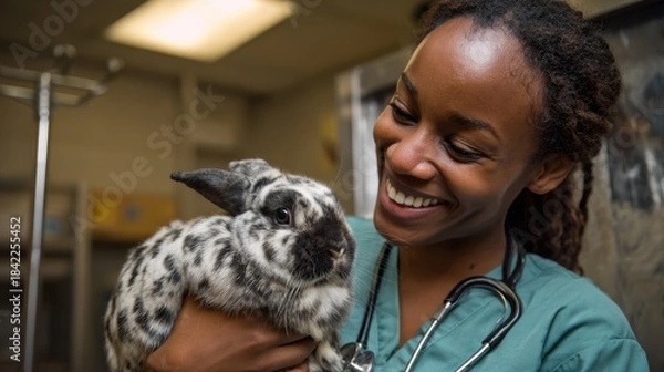 Fototapeta veterinarian smiling while holding a spotted lop rabbit during clinic checkup — pet care exam for small animals in veterinary office